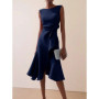 Women Sleeveless Solid Color Round Neck Midi Dress Elegant Slim Fit Formal Party Outfit Fashion 2025 New Arrival