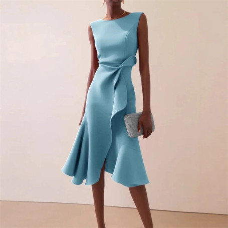 Women Sleeveless Solid Color Round Neck Midi Dress Elegant Slim Fit Formal Party Outfit Fashion 2025 New Arrival