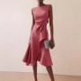 Women Sleeveless Solid Color Round Neck Midi Dress Elegant Slim Fit Formal Party Outfit Fashion 2025 New Arrival