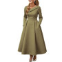 Asymmetric Collar Long-Sleeve Elegant A-Line with Pockets Formal Outfit Dress