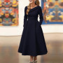 Asymmetric Collar Long-Sleeve Elegant A-Line with Pockets Formal Outfit Dress