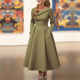 Asymmetric Collar Long-Sleeve Elegant A-Line with Pockets Formal Outfit Dress