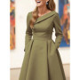 Asymmetric Collar Long-Sleeve Elegant A-Line with Pockets Formal Outfit Dress