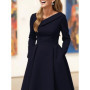 Asymmetric Collar Long-Sleeve Elegant A-Line with Pockets Formal Outfit Dress