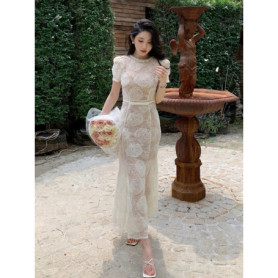 Women Luxury Formal Embroidery Lace Long Dress Diamond Embellished Sheer Crystal Short Sleeve Fishtail Dresses