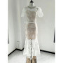 Women Luxury Formal Embroidery Lace Long Dress Diamond Embellished Sheer Crystal Short Sleeve Fishtail Dresses