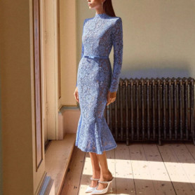 No Lining Embroidered Lace Formal Women Hollow Out Belted Long Sleeve Mermaid Dresses