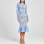 No Lining Embroidered Lace Formal Women Hollow Out Belted Long Sleeve Mermaid Dresses