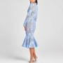 No Lining Embroidered Lace Formal Women Hollow Out Belted Long Sleeve Mermaid Dresses
