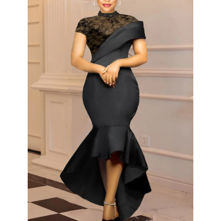 Large Size Formal Dress Women Elegant High Neck Maxi Black Sexy Lace Stitching Fishtail Slim Fit Dress