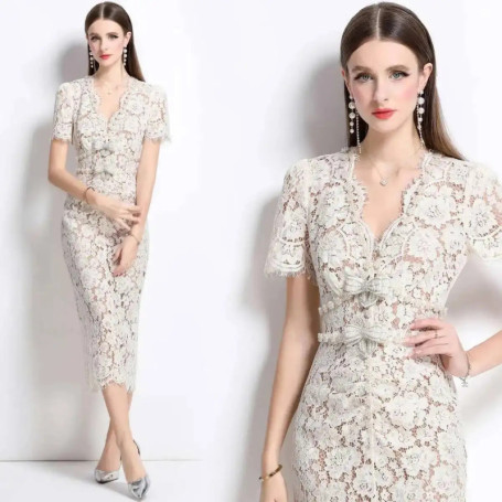 Luxury Crystal Bow Formal Dress Women Summer Elegant Short Sleeve Hollow Out Pearl Embroidery Midi Long Lace Dresses