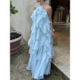 TWOTWINSTYLE Solid Spliced Ruffles Elegant Dresses For Women Halter Sleeveless High Wasit Backless Loose Dress Female Fashion