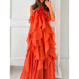 TWOTWINSTYLE Solid Spliced Ruffles Elegant Dresses For Women Halter Sleeveless High Wasit Backless Loose Dress Female Fashion