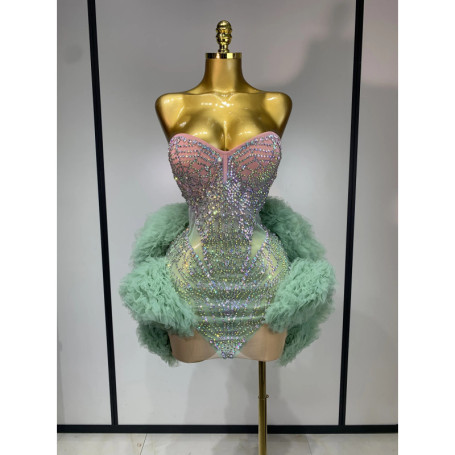 Women Sexy Strapless Backless Green Diamonds Mesh Dress Performance Outfit