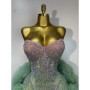 Women Sexy Strapless Backless Green Diamonds Mesh Dress Performance Outfit