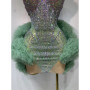 Women Sexy Strapless Backless Green Diamonds Mesh Dress Performance Outfit