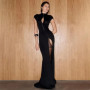 y2k Black Hollow Out Slit Dress Women Fashion Short Sleeve Solid High Neck Slim Fit Maxi Dresses Lady Evening Party Club Robe