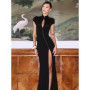 y2k Black Hollow Out Slit Dress Women Fashion Short Sleeve Solid High Neck Slim Fit Maxi Dresses Lady Evening Party Club Robe