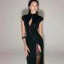 y2k Black Hollow Out Slit Dress Women Fashion Short Sleeve Solid High Neck Slim Fit Maxi Dresses Lady Evening Party Club Robe