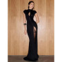 y2k Black Hollow Out Slit Dress Women Fashion Short Sleeve Solid High Neck Slim Fit Maxi Dresses Lady Evening Party Club Robe