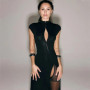 y2k Black Hollow Out Slit Dress Women Fashion Short Sleeve Solid High Neck Slim Fit Maxi Dresses Lady Evening Party Club Robe