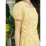 Women's Clothing Fashion Square Neck Puff Sleeve Dress Bamboo Leaf Jacquard Pattern Dresses