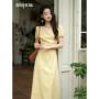 Women's Clothing Fashion Square Neck Puff Sleeve Dress Bamboo Leaf Jacquard Pattern Dresses