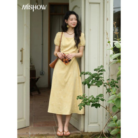 Women's Clothing Fashion Square Neck Puff Sleeve Dress Bamboo Leaf Jacquard Pattern Dresses