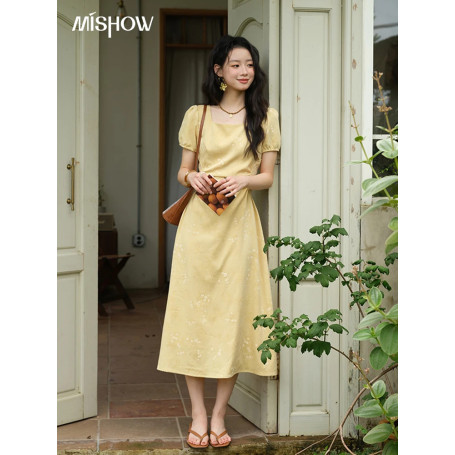Women's Clothing Fashion Square Neck Puff Sleeve Dress Bamboo Leaf Jacquard Pattern Dresses