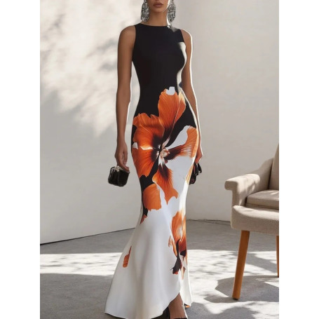 Gymystars Skinny Sleeveless Flower Print Dress Women's Evening Dresses Elegant Sexy Outfit Black White Flowers Party Dress Robe