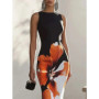 Gymystars Skinny Sleeveless Flower Print Dress Women's Evening Dresses Elegant Sexy Outfit Black White Flowers Party Dress Robe