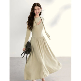 MISHOW Women's Light Green Midi Dress 2026 Spring Cutout Neck Hollow Out Ribbon Dresses Elegant Long Sleeve Dress MXF13L2556