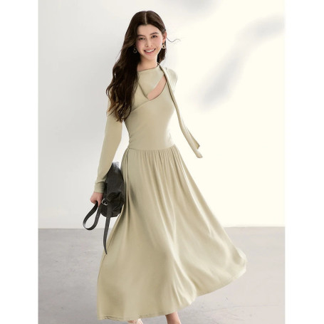MISHOW Women's Light Green Midi Dress 2026 Spring Cutout Neck Hollow Out Ribbon Dresses Elegant Long Sleeve Dress MXF13L2556