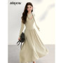 MISHOW Women's Light Green Midi Dress 2026 Spring Cutout Neck Hollow Out Ribbon Dresses Elegant Long Sleeve Dress MXF13L2556