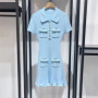 2024 Spring New Arrive Knitted Women Sequins Mini Dress Short Sleeve Turn Down Collor Ruffles Hem Lady Dress