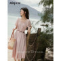 MISHOW Bohemian Pink Women‘s Summer Dresses Women 2025 Short Sleeve Square Collar with Belt Dress Lady New Fashion MXE33L2158