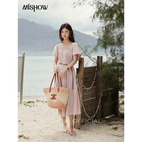 MISHOW Bohemian Pink Women‘s Summer Dresses Women 2025 Short Sleeve Square Collar with Belt Dress Lady New Fashion MXE33L2158