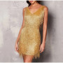 2025 New Sexy Tassel Sequins Feather Mini Dress Women Spaghetti Strap Stitching Dresses Female Elegant Evening Party Club Dress
