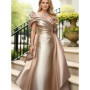 Plus Size Satin Evening Dress for Women's Off Shoulder Puff Sleeve Solid Elegant Cocktail Wedding Guest Maxi Dresses