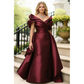 Plus Size Satin Evening Dress for Women's Off Shoulder Puff Sleeve Solid Elegant Cocktail Wedding Guest Maxi Dresses
