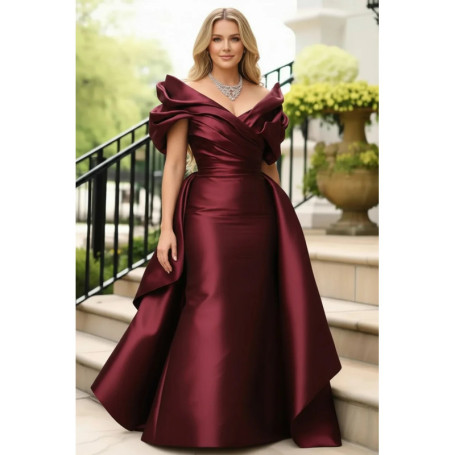 Plus Size Satin Evening Dress for Women's Off Shoulder Puff Sleeve Solid Elegant Cocktail Wedding Guest Maxi Dresses