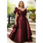 Plus Size Satin Evening Dress for Women's Off Shoulder Puff Sleeve Solid Elegant Cocktail Wedding Guest Maxi Dresses