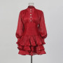 TWOTWINSTYLE Elegant Slimming Spliced Ruffles Folds Mini Dresses for Women Stand Neck Long Sleeves High Waist Dress Female New