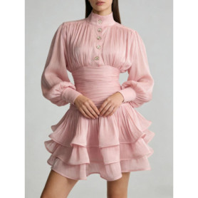 TWOTWINSTYLE Elegant Slimming Spliced Ruffles Folds Mini Dresses for Women Stand Neck Long Sleeves High Waist Dress Female New