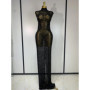 Sparkly Gold Rhinestone Sleeveless Stretch Long Dress Women Sexy Mesh Celebrate Evening Prom Birthday Dress Photo Shoot Wear