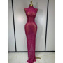 Sparkly Gold Rhinestone Sleeveless Stretch Long Dress Women Sexy Mesh Celebrate Evening Prom Birthday Dress Photo Shoot Wear