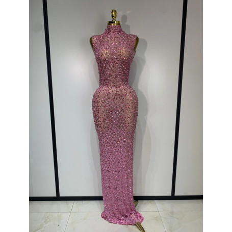 Sparkly Gold Rhinestone Sleeveless Stretch Long Dress Women Sexy Mesh Celebrate Evening Prom Birthday Dress Photo Shoot Wear