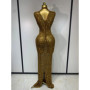 Sparkly Gold Rhinestone Sleeveless Stretch Long Dress Women Sexy Mesh Celebrate Evening Prom Birthday Dress Photo Shoot Wear