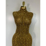 Sparkly Gold Rhinestone Sleeveless Stretch Long Dress Women Sexy Mesh Celebrate Evening Prom Birthday Dress Photo Shoot Wear