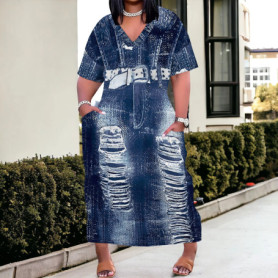 Womens Plus Size Denim 3D Print Fashion Maxi Dresses Casual Soft Tshirt Dress